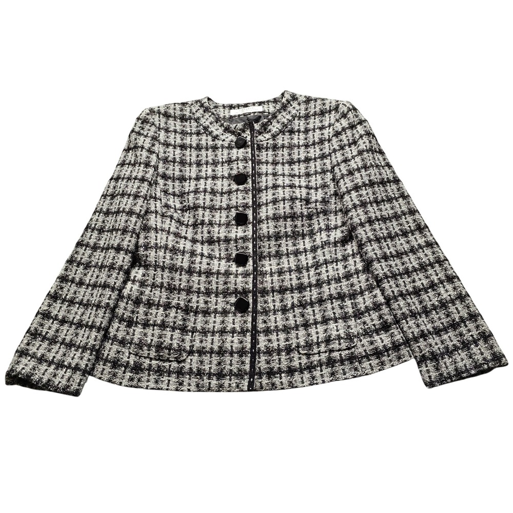 Tahari Arthur S Levine Plaid Tweed Blazer Womens 10 Black White Metallic Jacket
